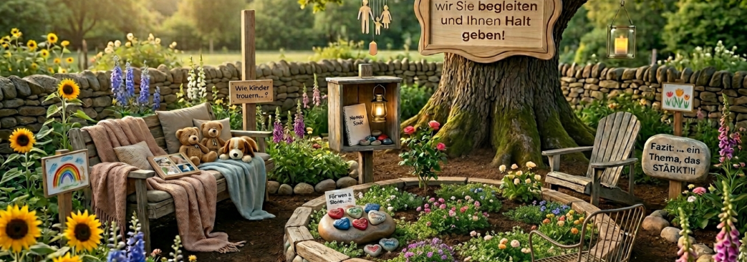 Eine gemütliche Gartenszene mit Stühlen, einer Decke, Teddybären und Kinderzeichnungen rund um einen großen Baum. Schilder in deutscher Sprache spenden den trauernden Kindern Trost, und bunte Blumen und bemalte Steine schmücken den friedlichen Bereich.