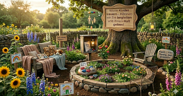 Eine gemütliche Gartenszene mit Stühlen, einer Decke, Teddybären und Kinderzeichnungen rund um einen großen Baum. Schilder in deutscher Sprache spenden den trauernden Kindern Trost, und bunte Blumen und bemalte Steine schmücken den friedlichen Bereich.